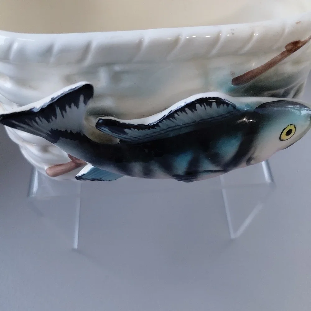 VTG 3D Ceramic Trout Salmon Planter Trinket Sportsman Fishing‎ Rod MCM Man Cave